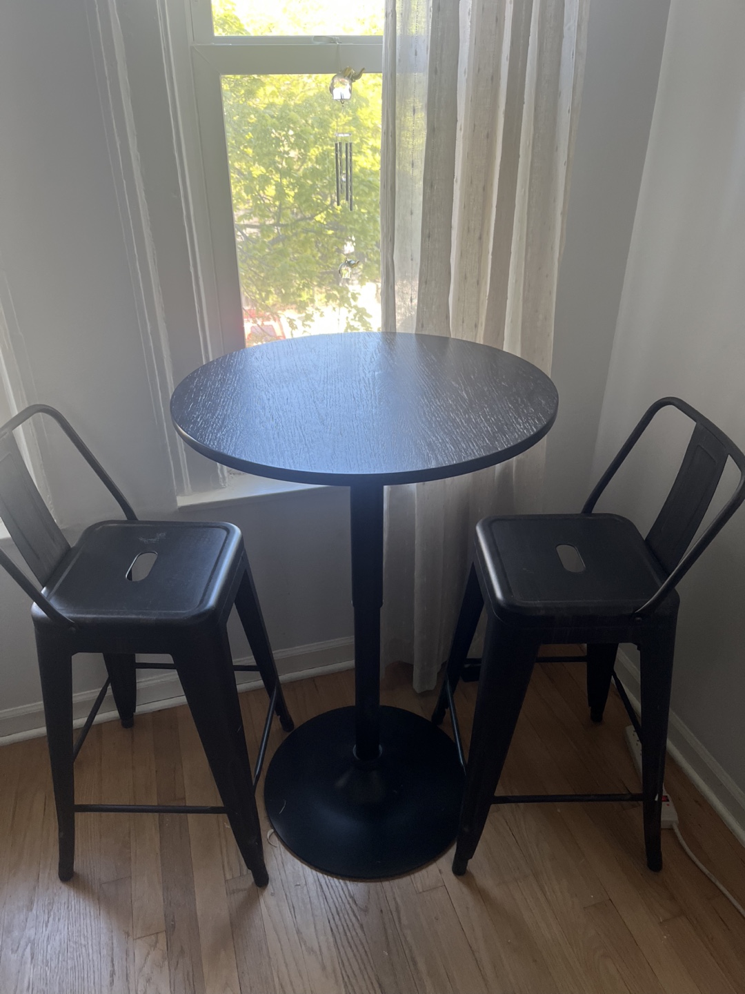 Small Black Bistro Table and Two Stools