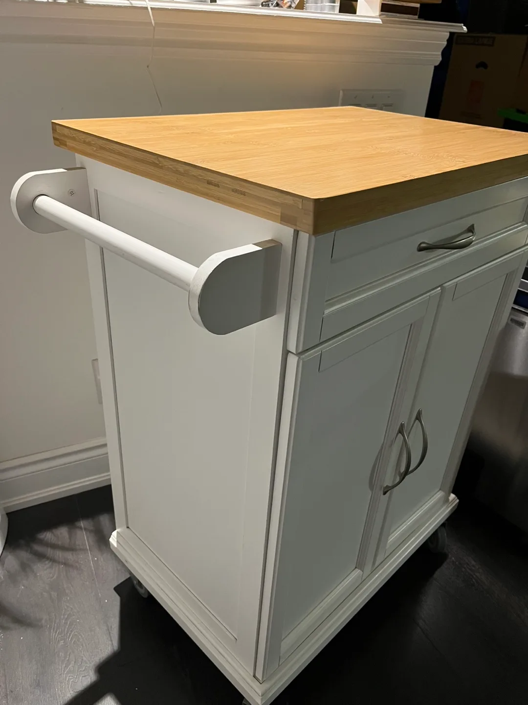 White Kitchen Cart with Butcher Block Top image indicator(2)