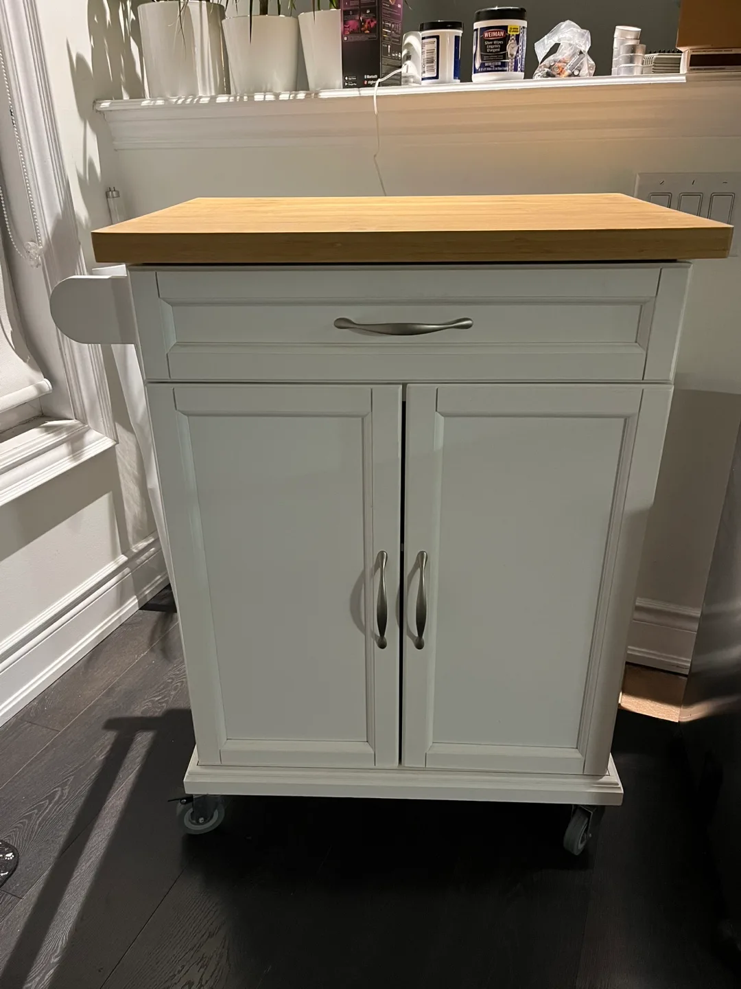 White Kitchen Cart with Butcher Block Top