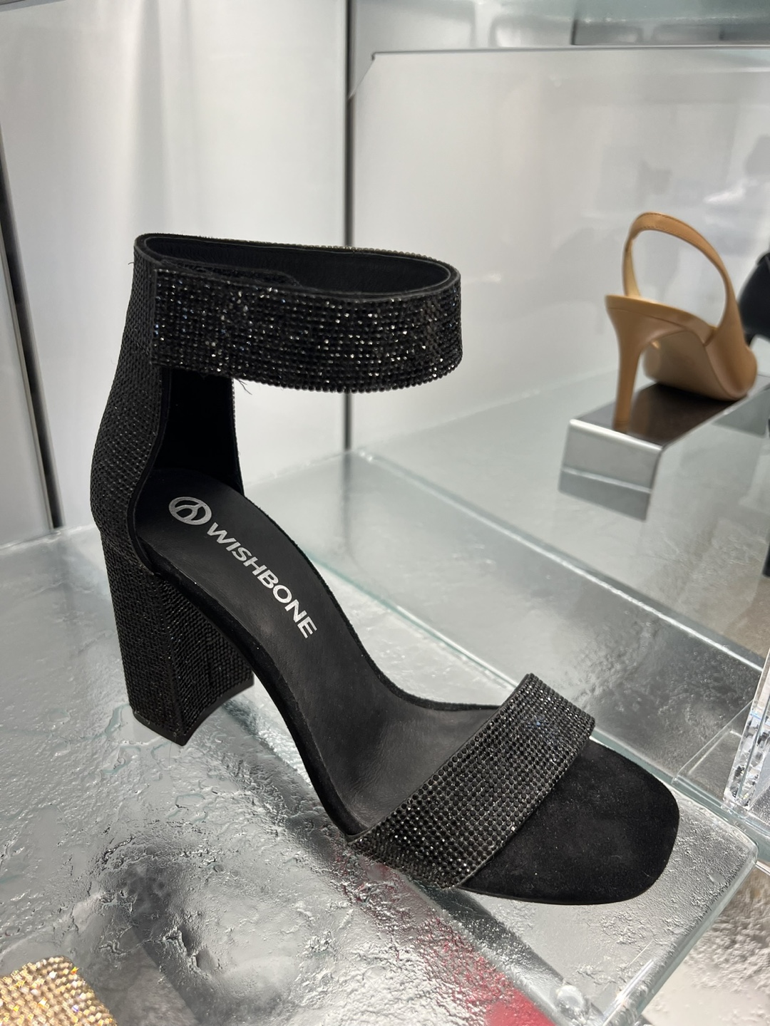 WISHBONE Black Rhinestone Block Heel Sandals
