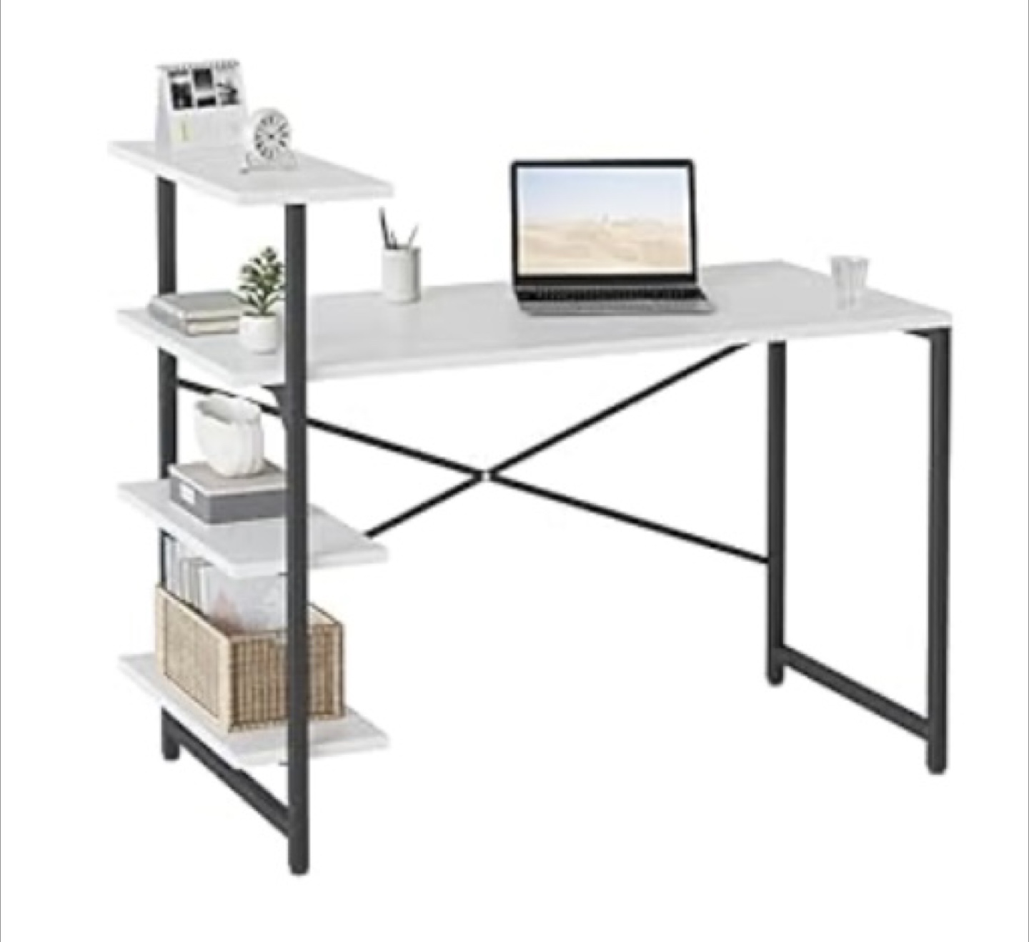 White Computer Desk with Built-in Shelving