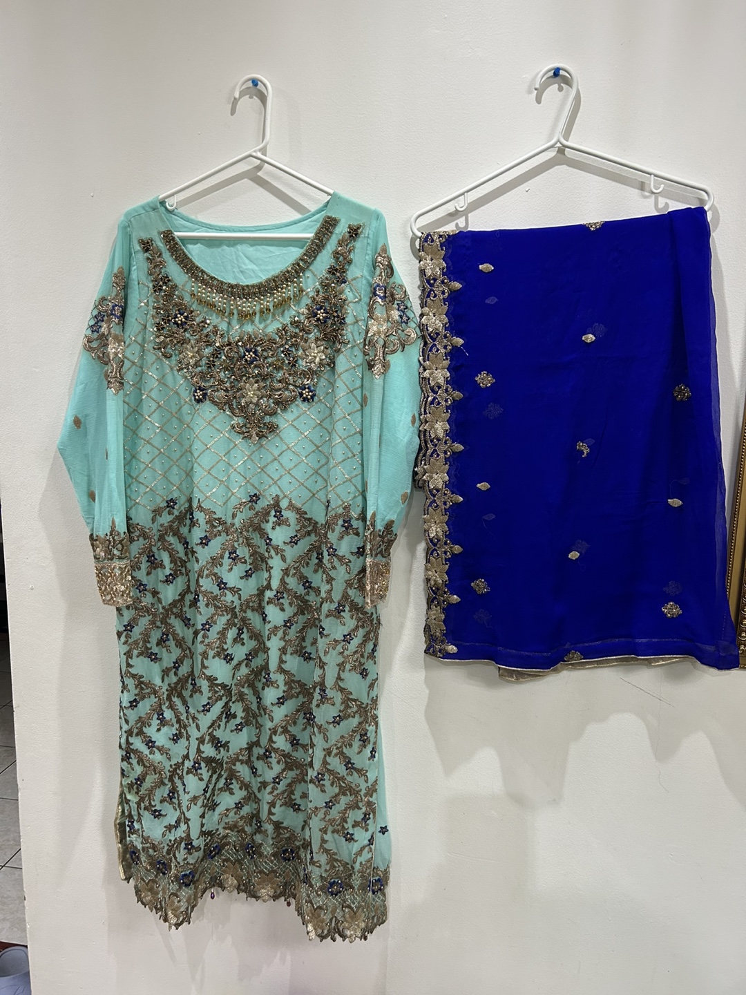 Beautiful Mint and Royal Blue Pakistani Shalwar Kameez Suit