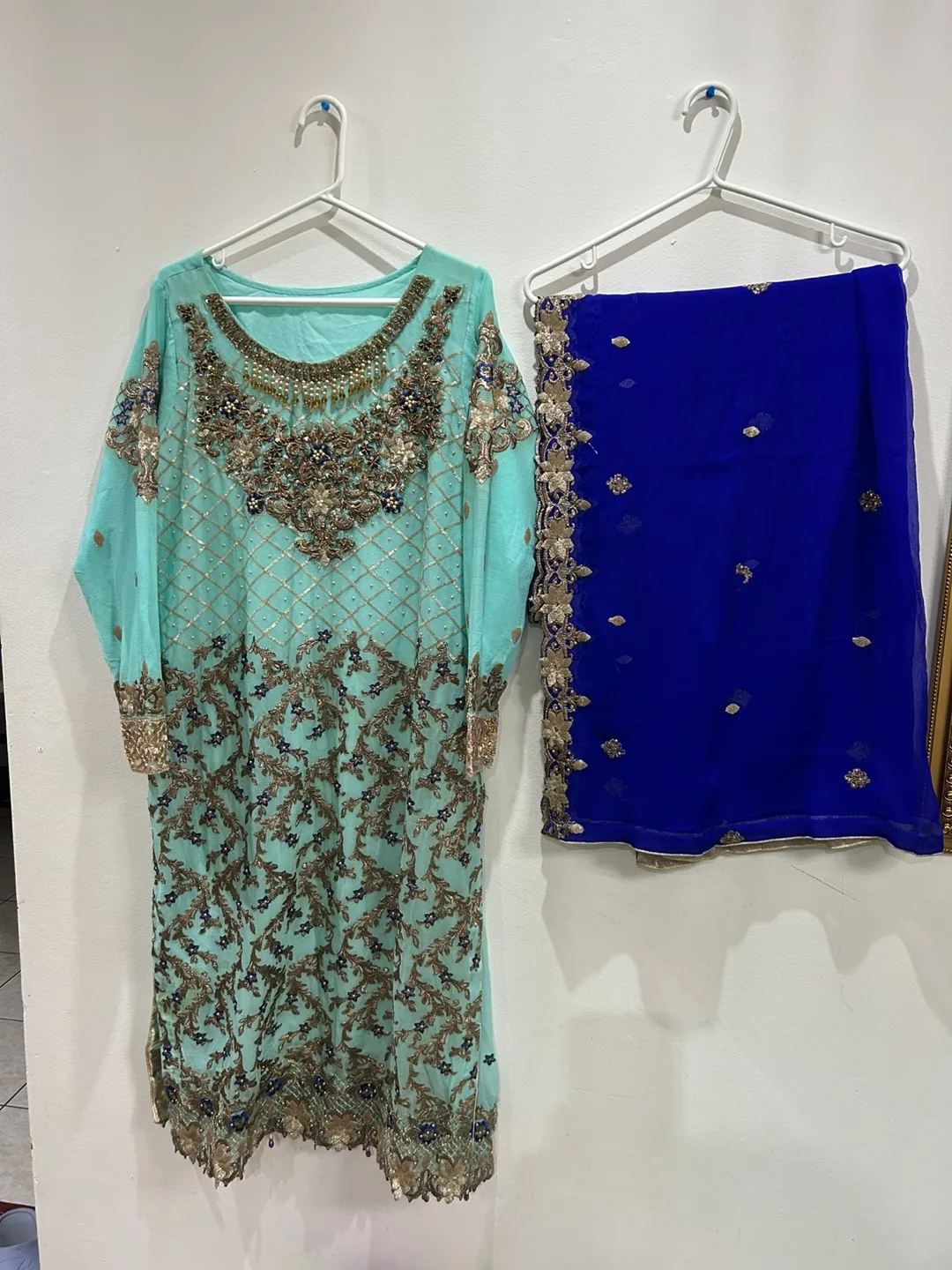 Beautiful Mint and Royal Blue Pakistani Shalwar Kameez Suit thumbnail