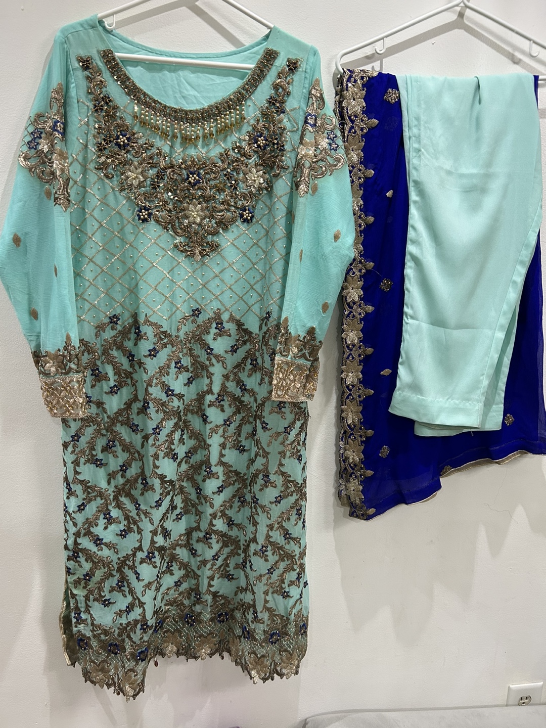 Beautiful Mint and Royal Blue Pakistani Shalwar Kameez Suit - photo 2