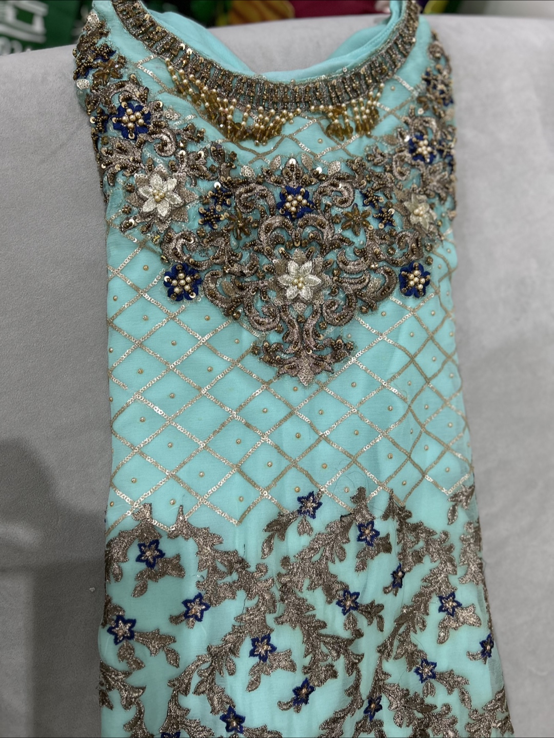 Beautiful Mint and Royal Blue Pakistani Shalwar Kameez Suit - photo 3