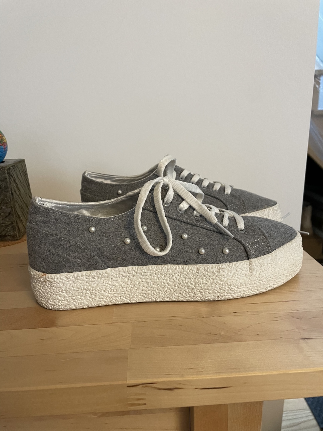 Grey Felt Pearl Embellished Sneakers