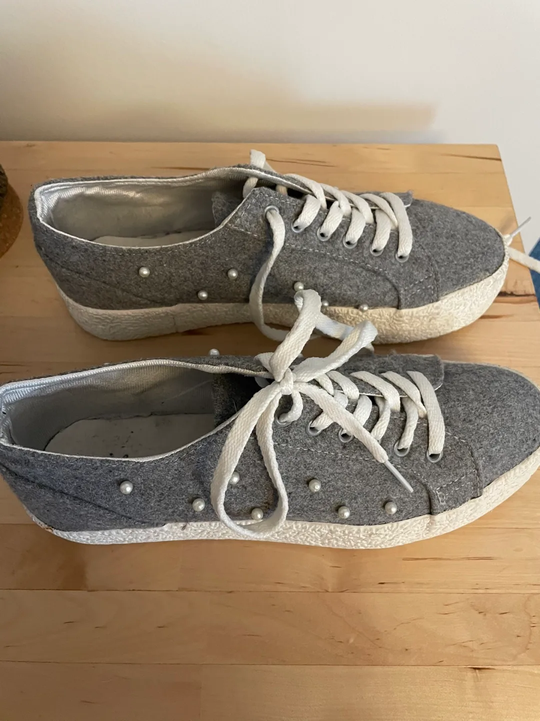 Grey Felt Pearl Embellished Sneakers image indicator(2)