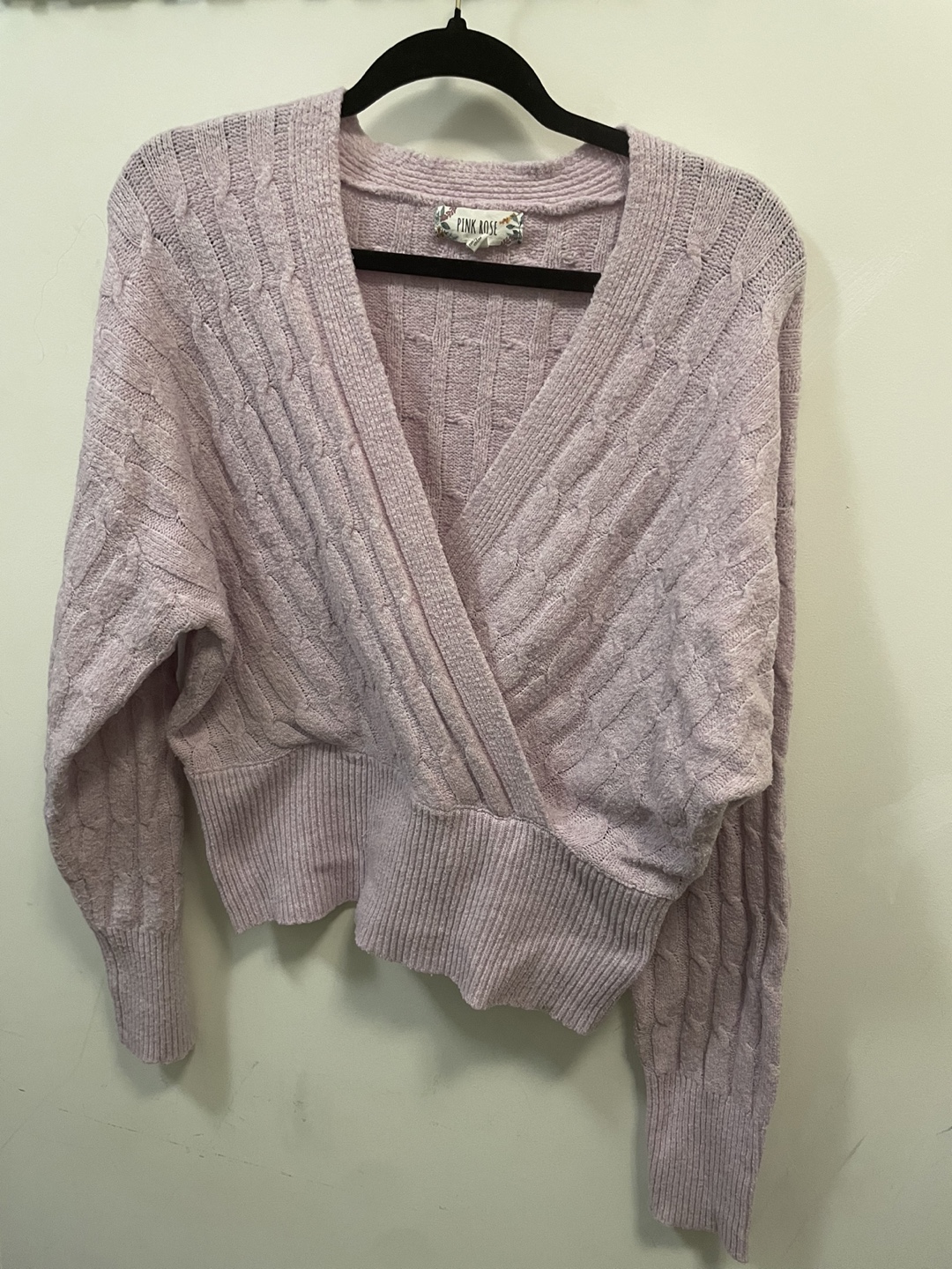 Lavender Pink Rose Cable Knit Wrap Sweater