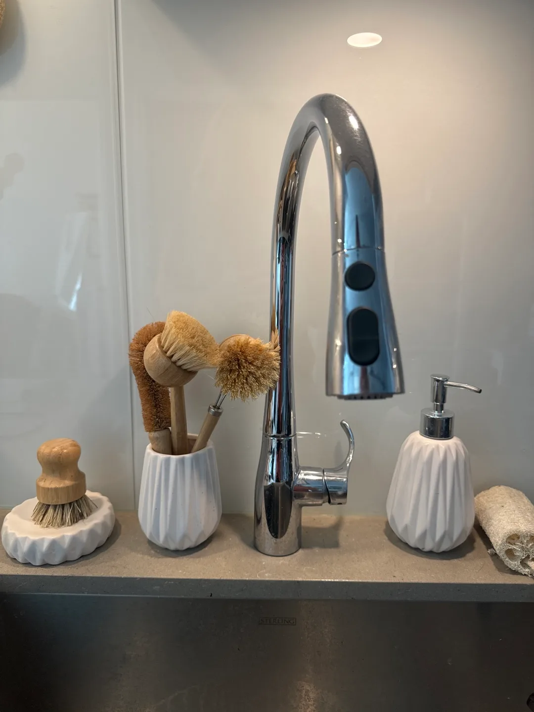 White Ceramic Soap Dispenser and Brush Holder Set thumbnail