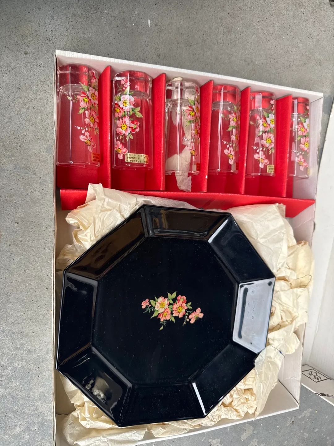Vintage floral glass set with octagonal serving plate thumbnail