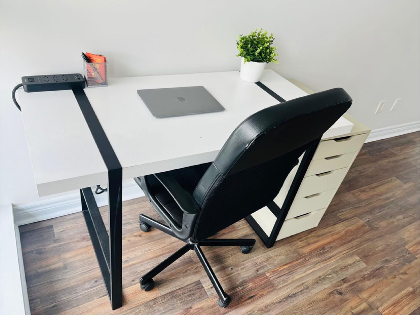 White Computer Desk, Comfortable Chair & Drawers