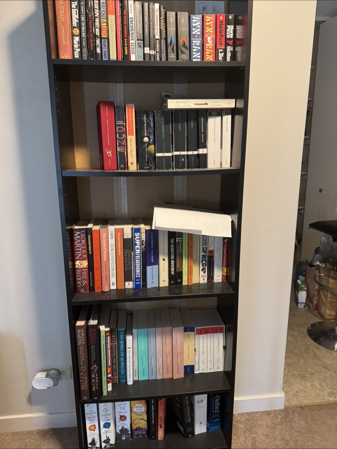 Five-shelf bookcase with various books