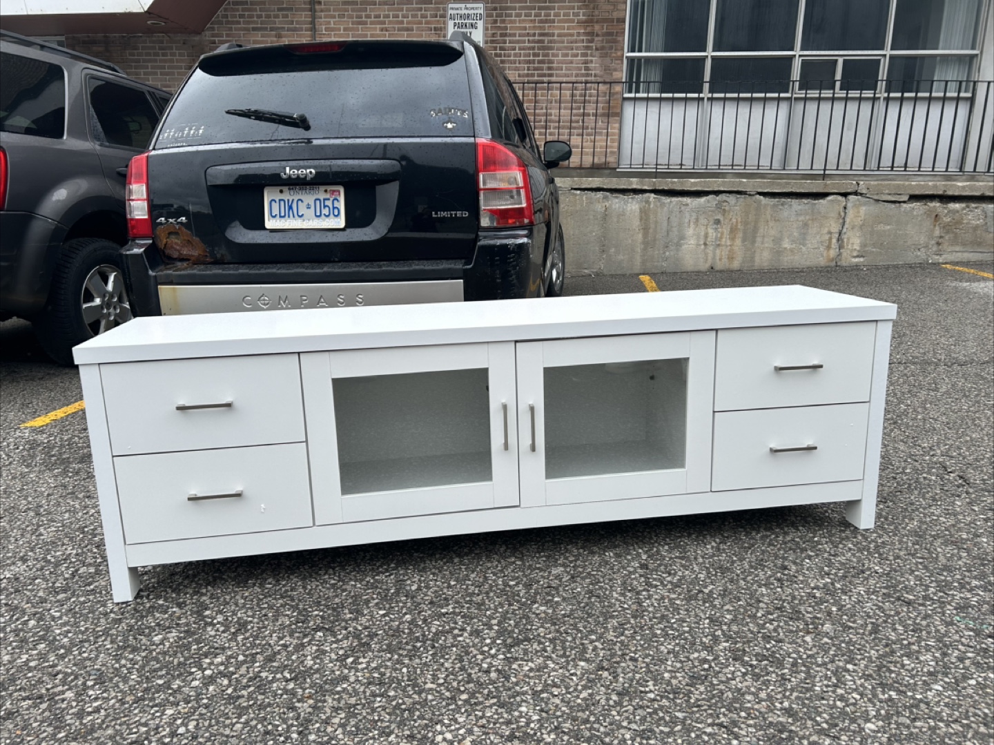 Closing sale-White TV Stand with Drawers and Glass Doors