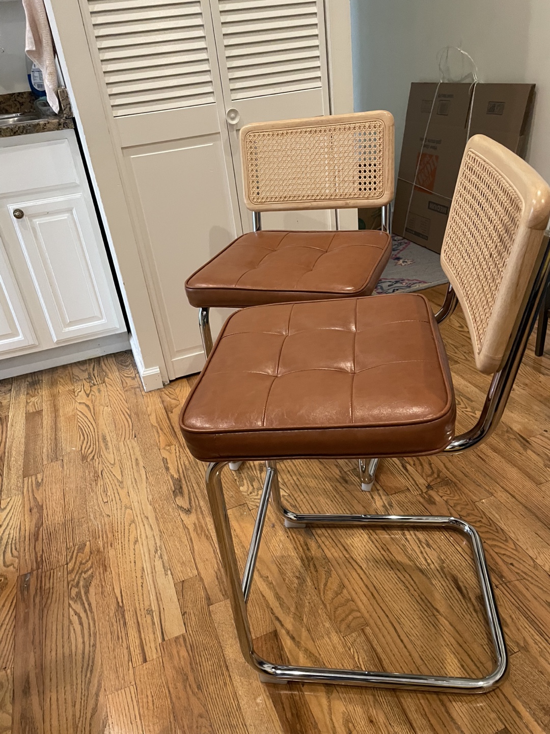 Pair Bar Stools with Rattan Backrests