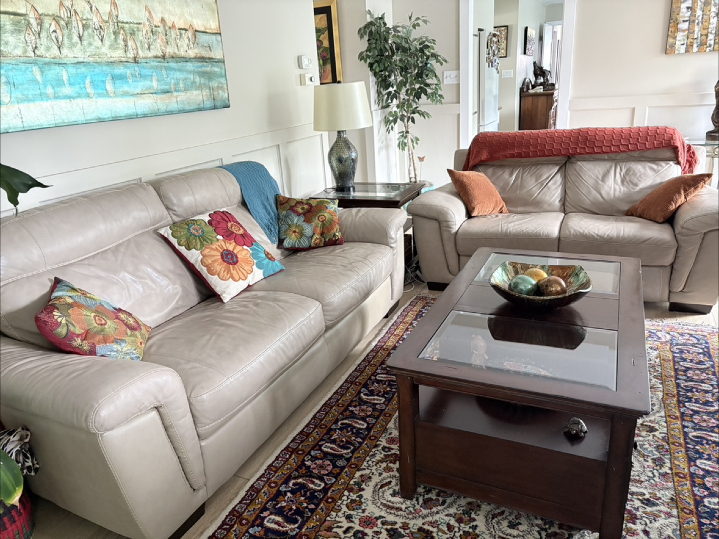Beige Leather Recliner Loveseat and Couch