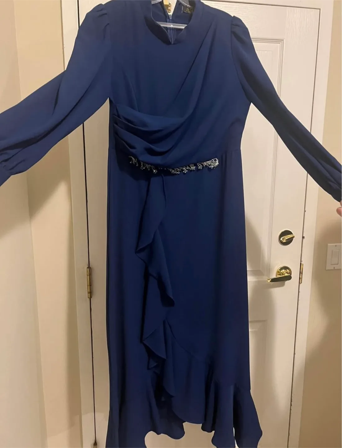 Elegant Navy Blue Maxi Dress with Ruffle Detail thumbnail