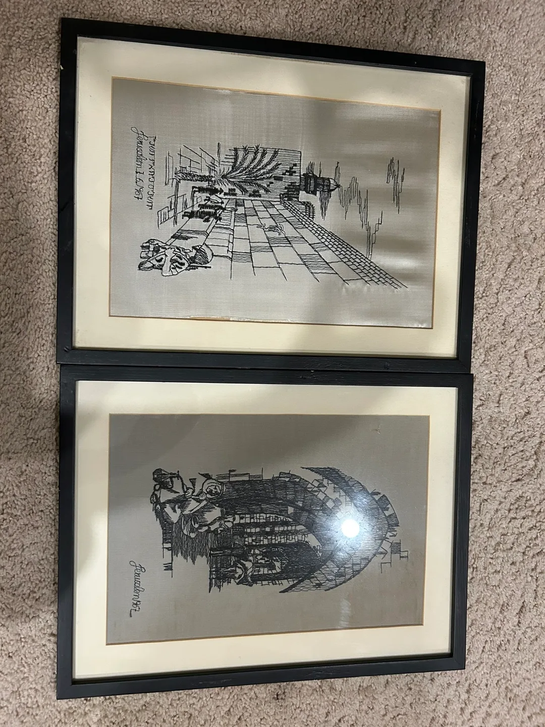 Pair of Framed Vintage Jerusalem Embroidery Artwork thumbnail