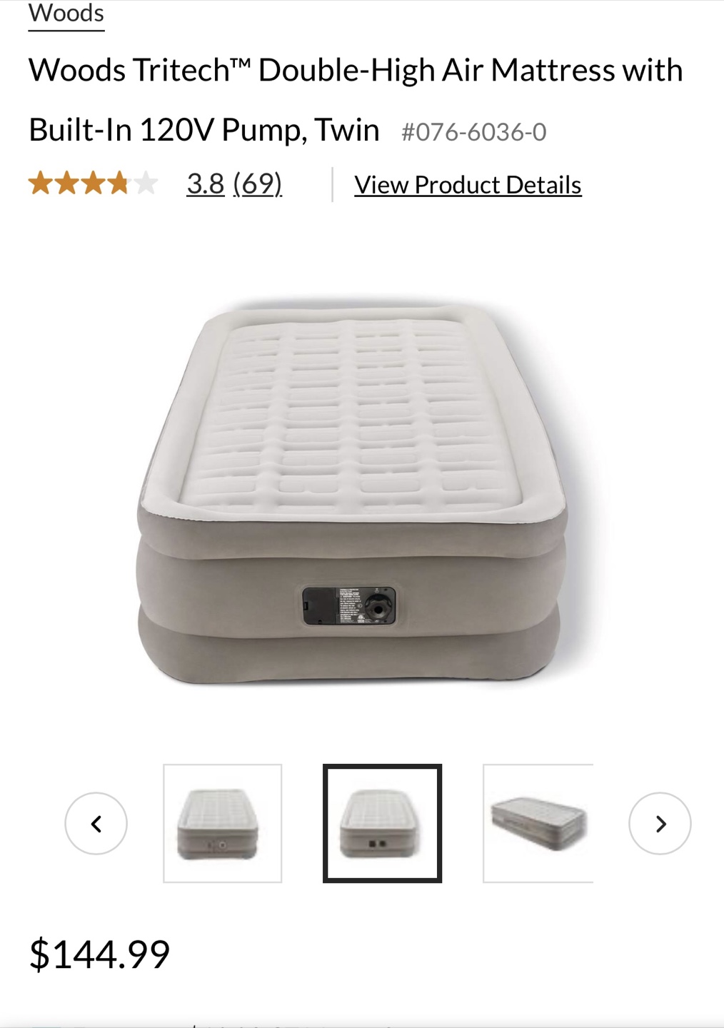 Woods Tritech Double-High Air Mattress with Built-In 120V Pump.