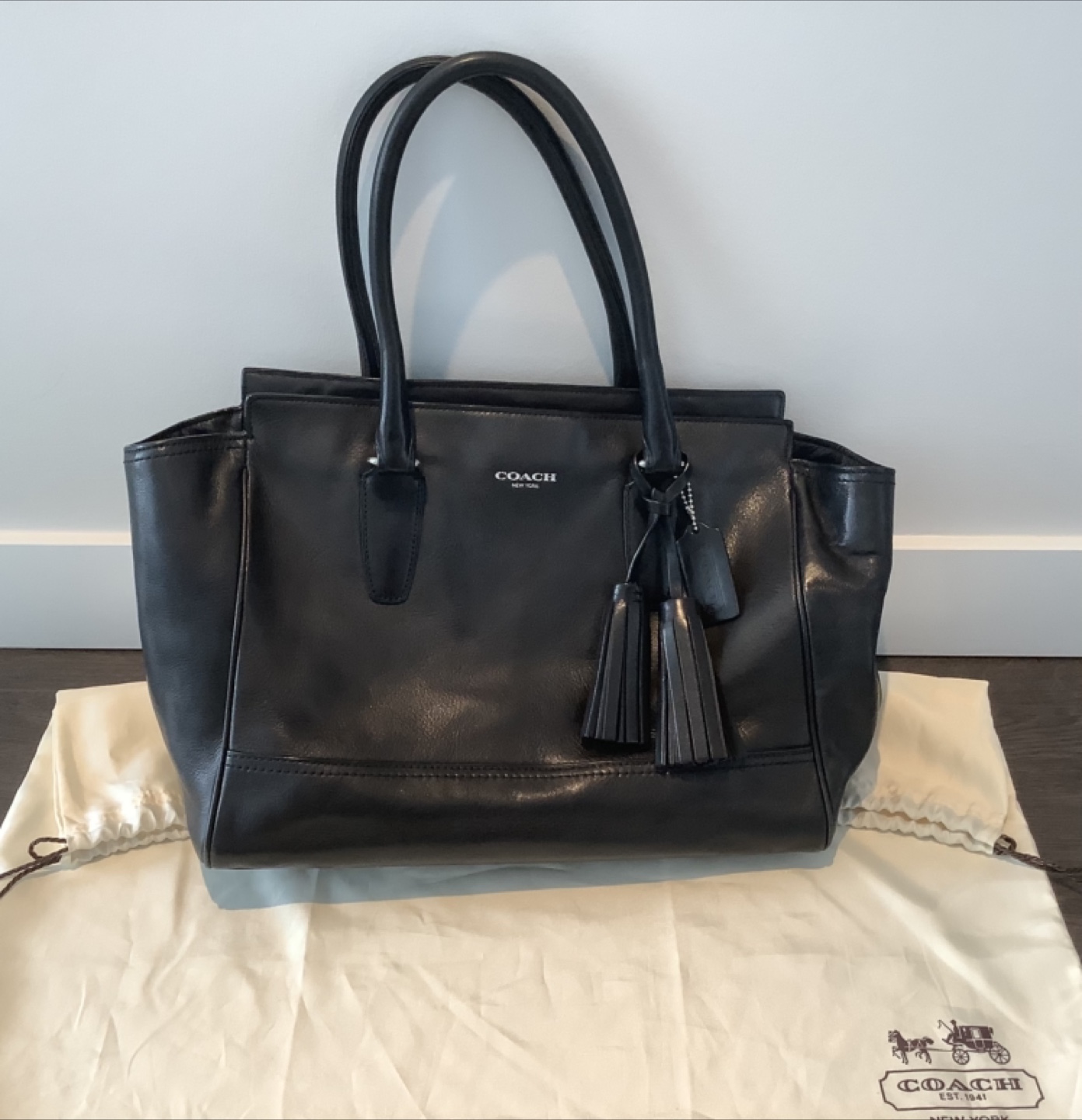 Coach Black Leather Tote Bag with Tassel