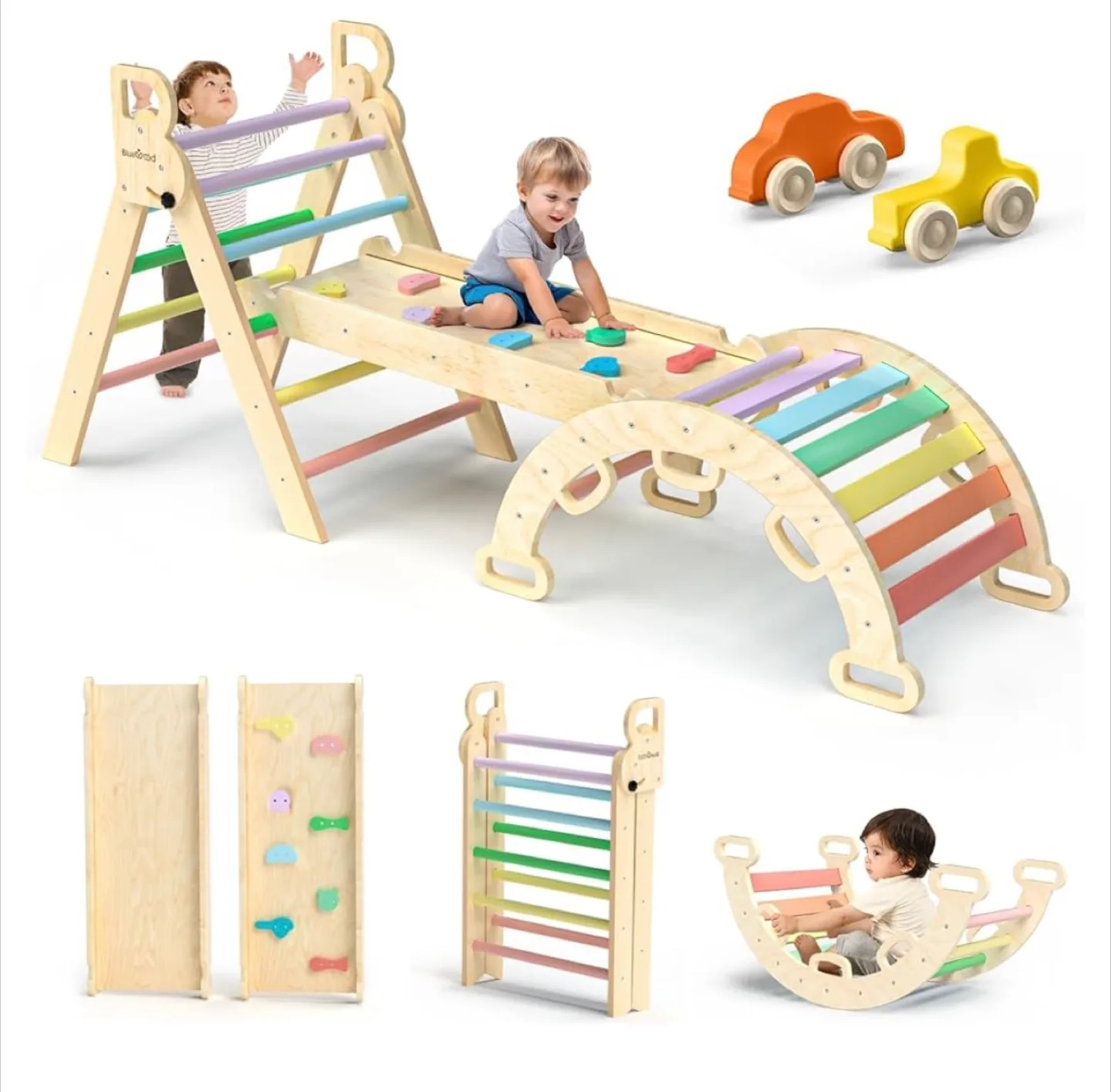 Wooden Toddler Playset - Rainbow Climber, Slide, and Rocker thumbnail