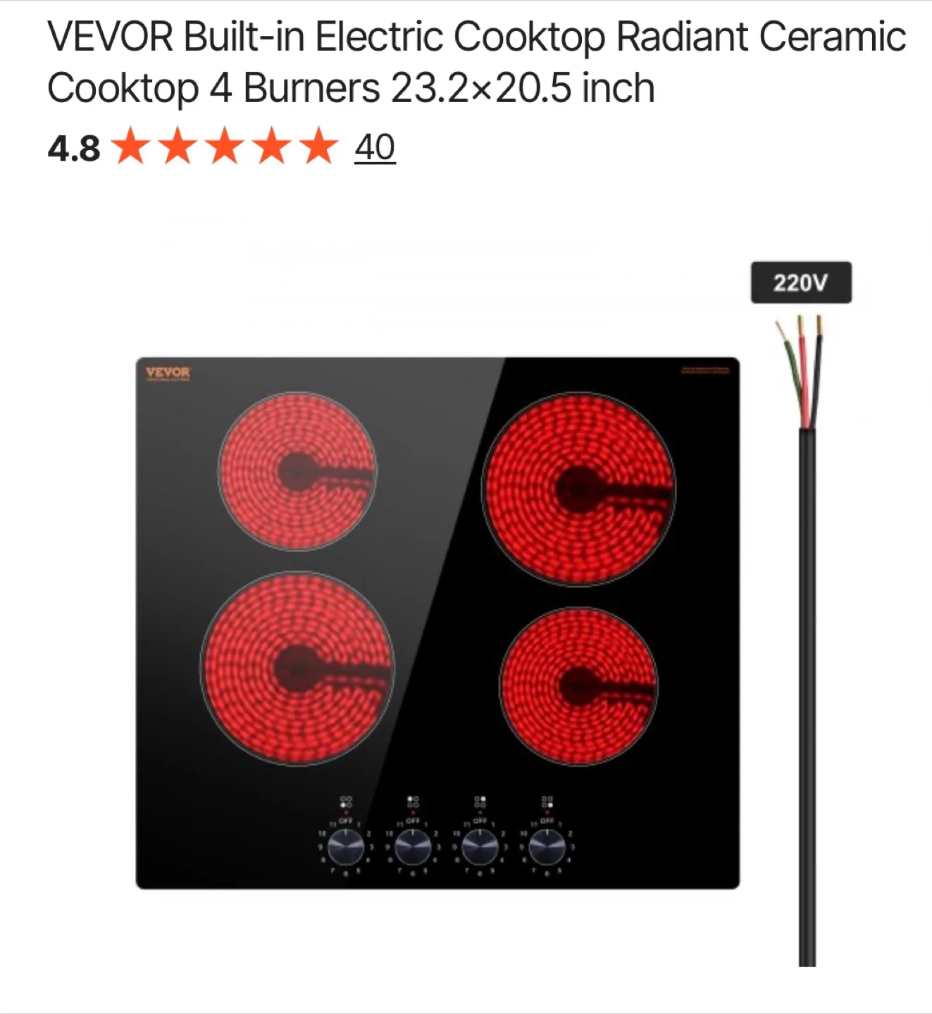 VEVOR Built-in Electric Cooktop - Radiant Ceramic 4 Burners thumbnail