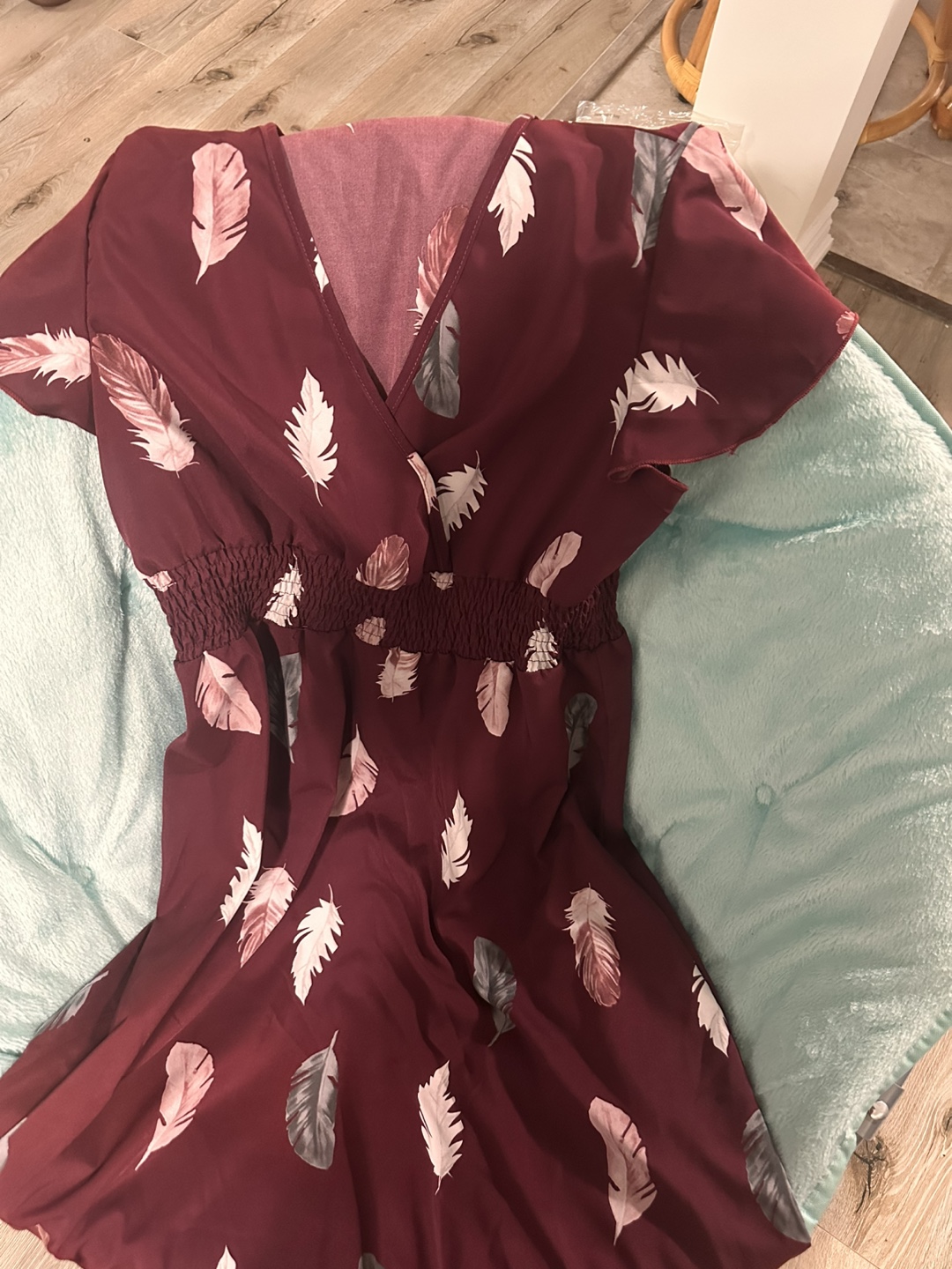 Burgundy Feather Print Summer Dress