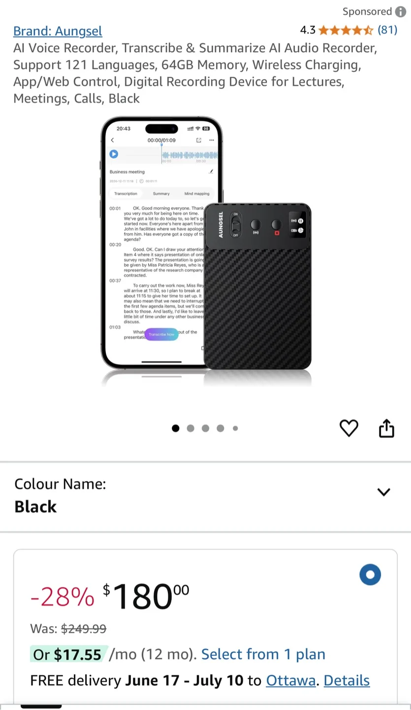 Augngel AI Voice Recorder - Black thumbnail