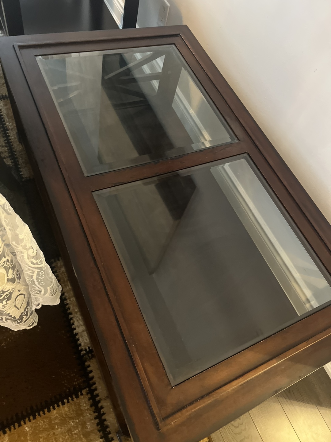 Dark Brown Wooden Coffee Table with Glass Top