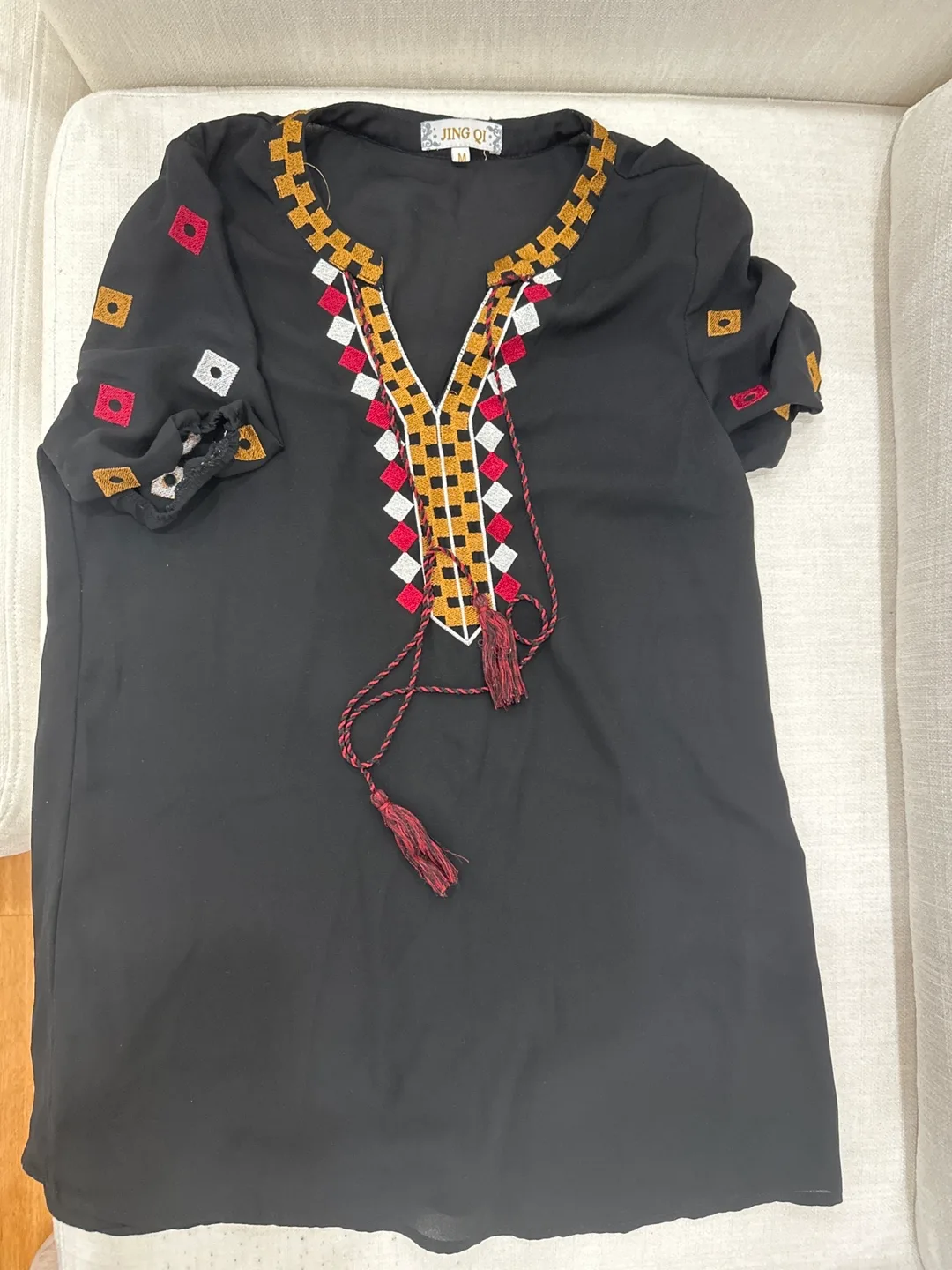 Black embroidered short sleeve tunic top thumbnail