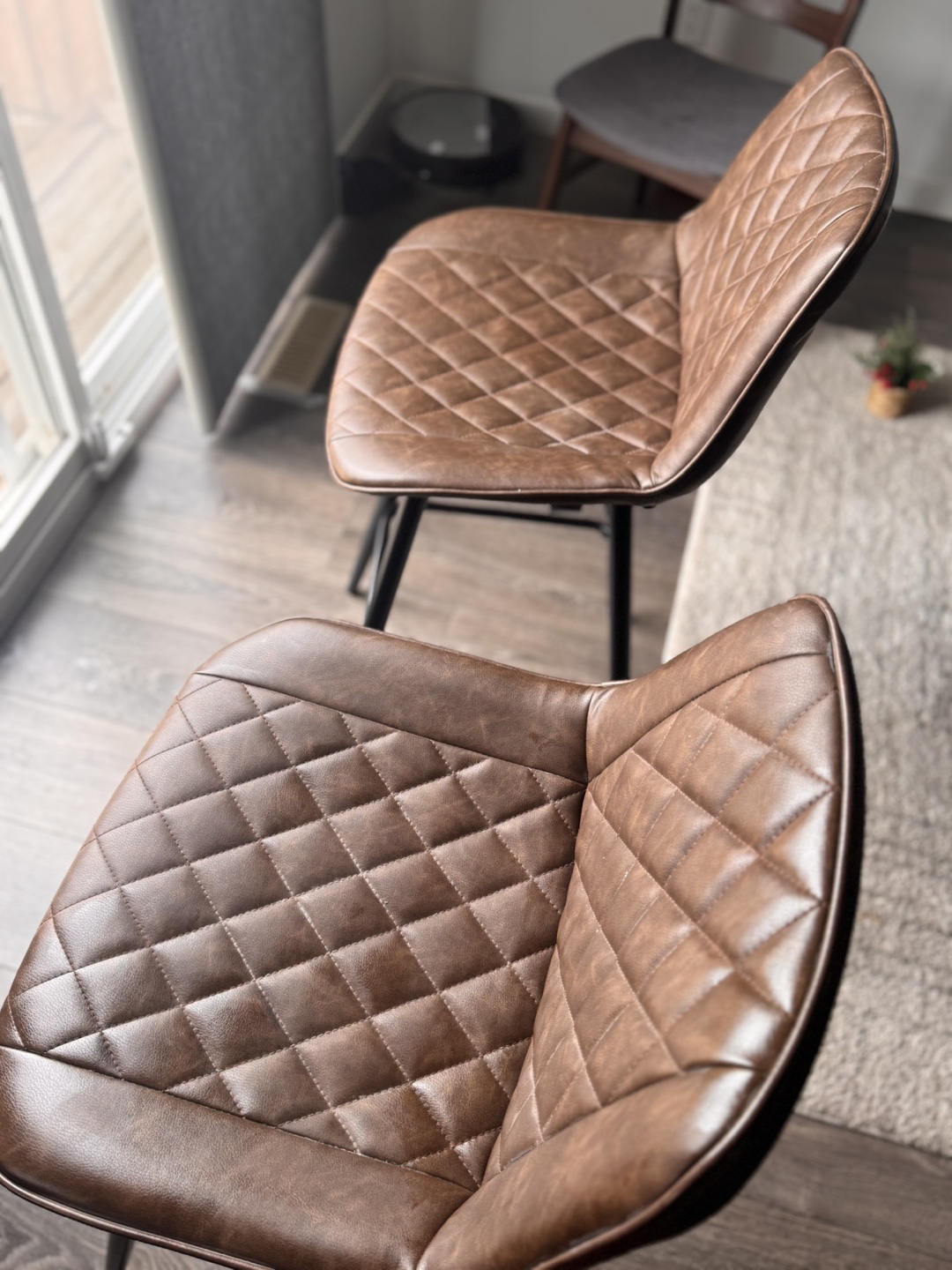 Pair of Brown Leather Bar Stools with Black Metal Legs - photo 3
