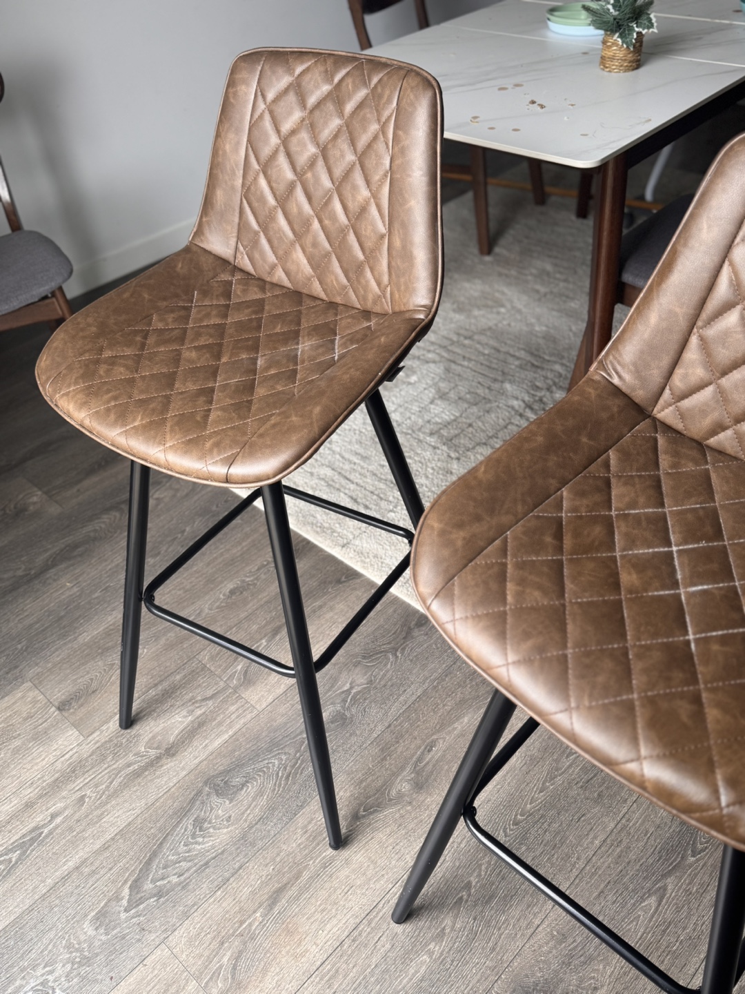 Pair of Brown Leather Bar Stools with Black Metal Legs