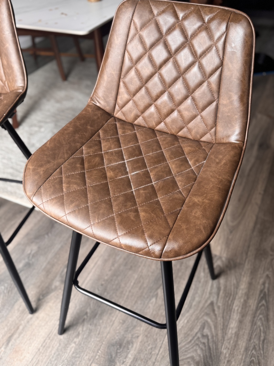Pair of Brown Leather Bar Stools with Black Metal Legs - photo 2