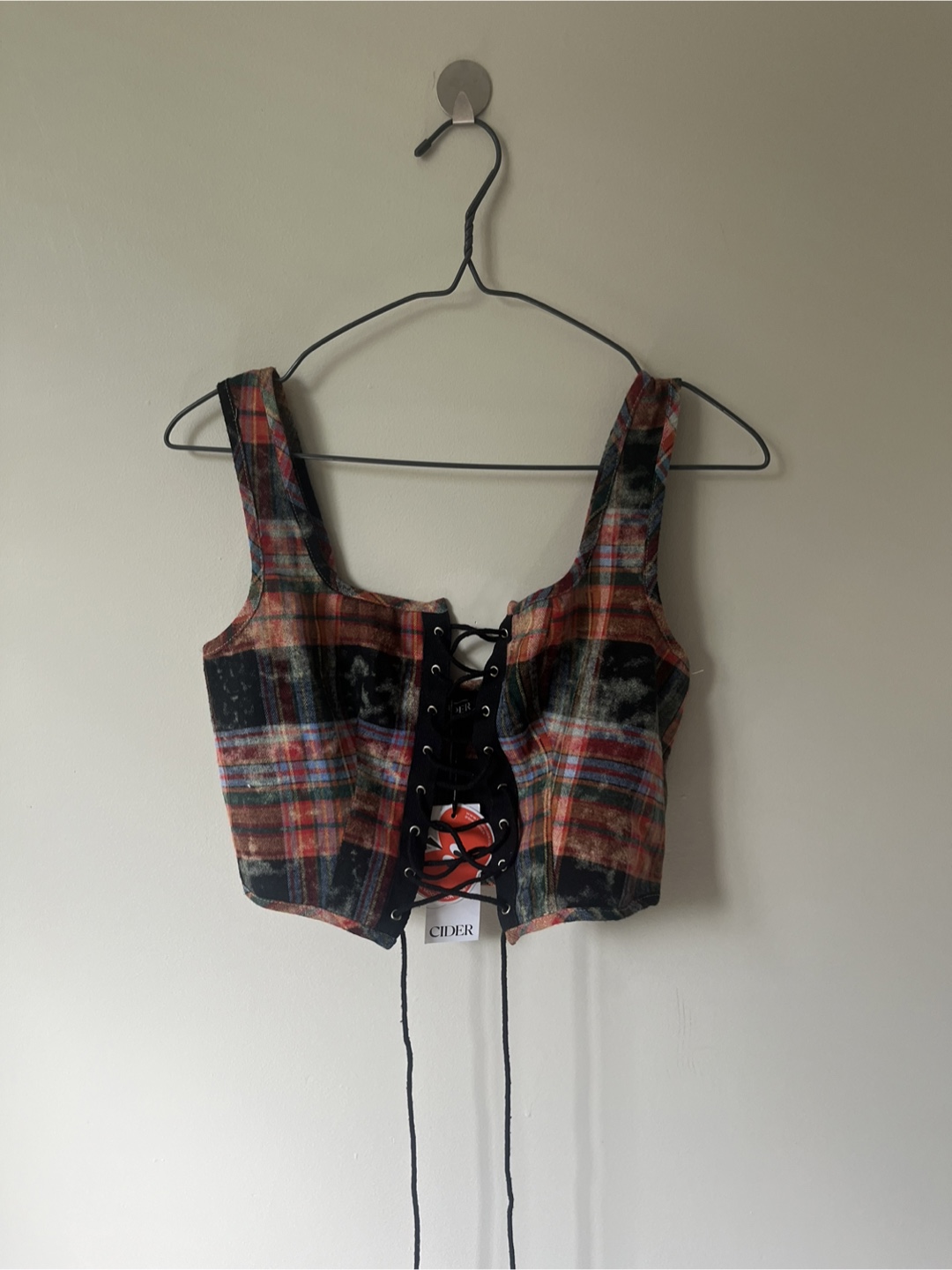 Shop Cider Red and Black Plaid Lace-Up Vest