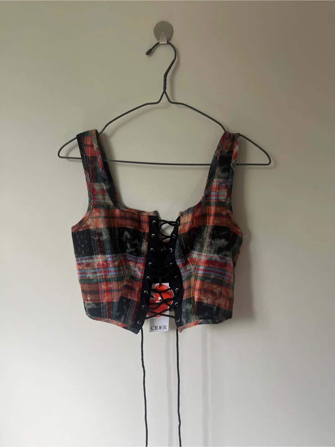 Shop Cider Red and Black Plaid Lace-Up Vest thumbnail