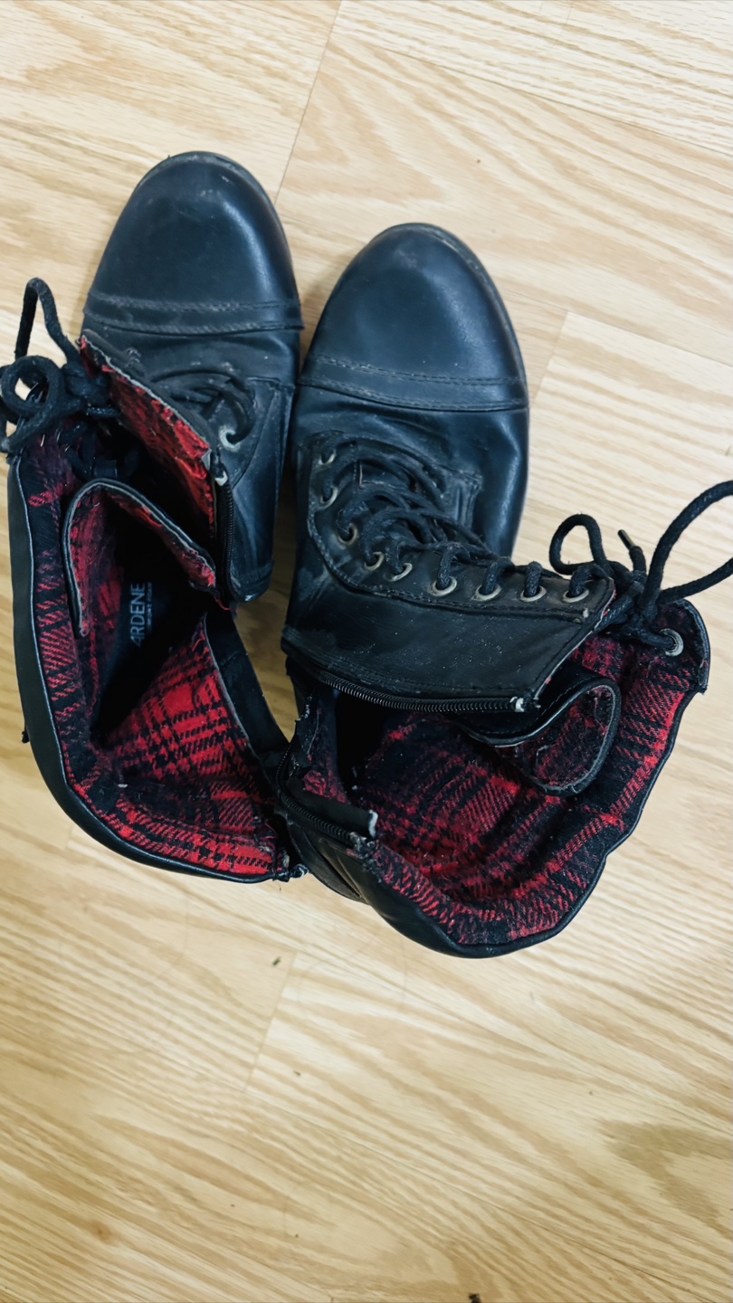 Black Lace-Up Boots with Red Plaid Interior