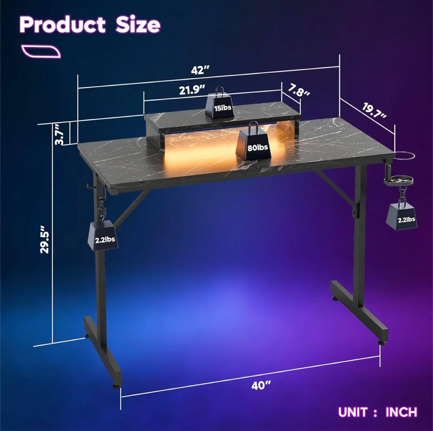 Gaming Desk with LED Lights and Monitor Riser thumbnail