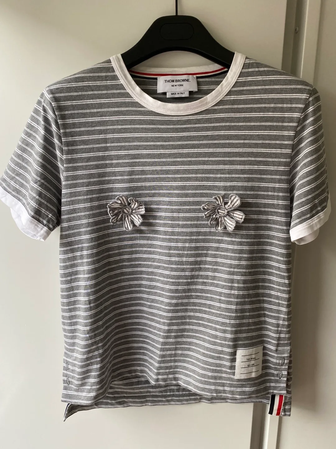 Thom Browne Striped T-Shirt with Floral Appliqués thumbnail