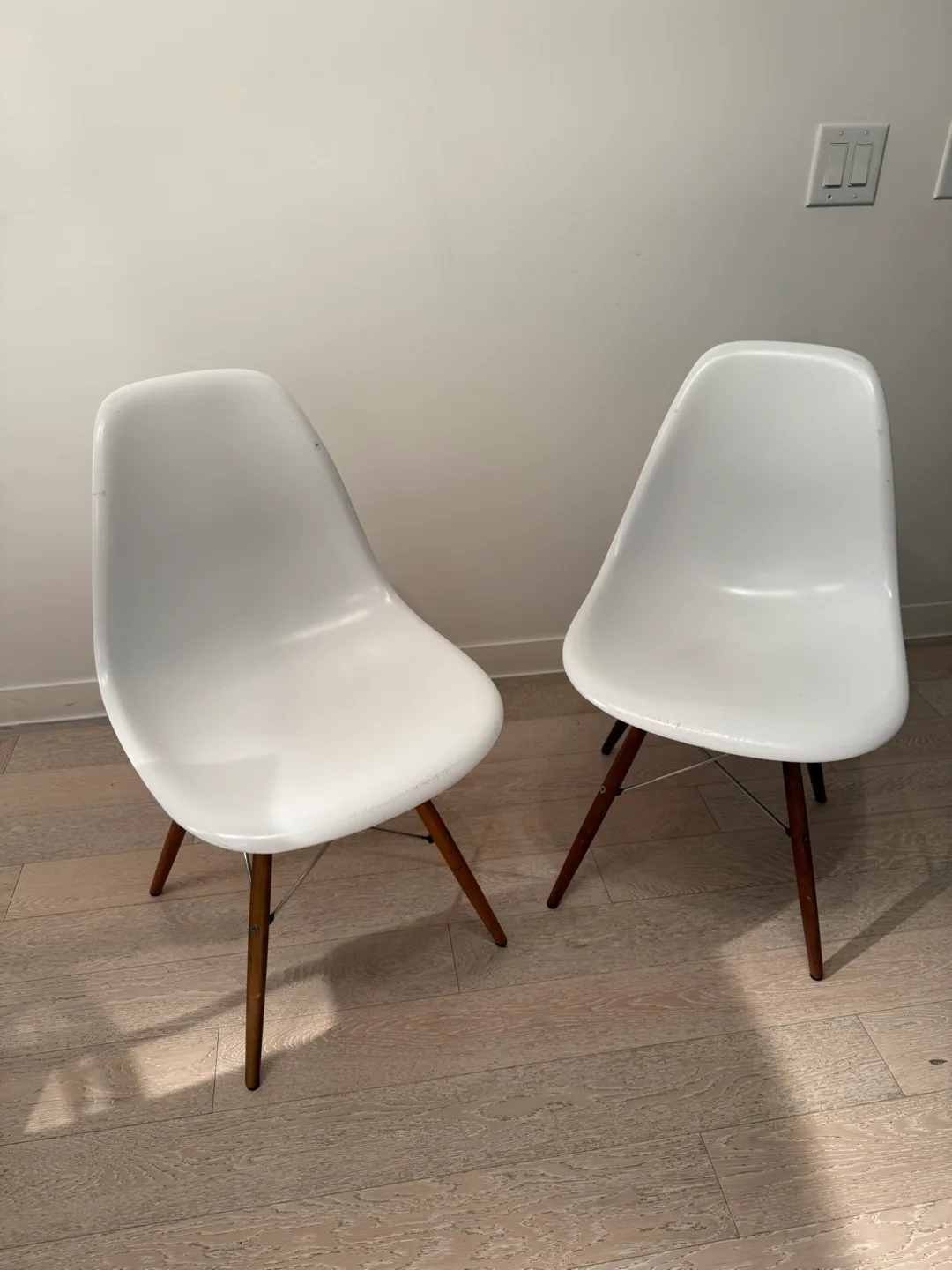 Pair of White Eames Molded Plastic Side Chairs thumbnail