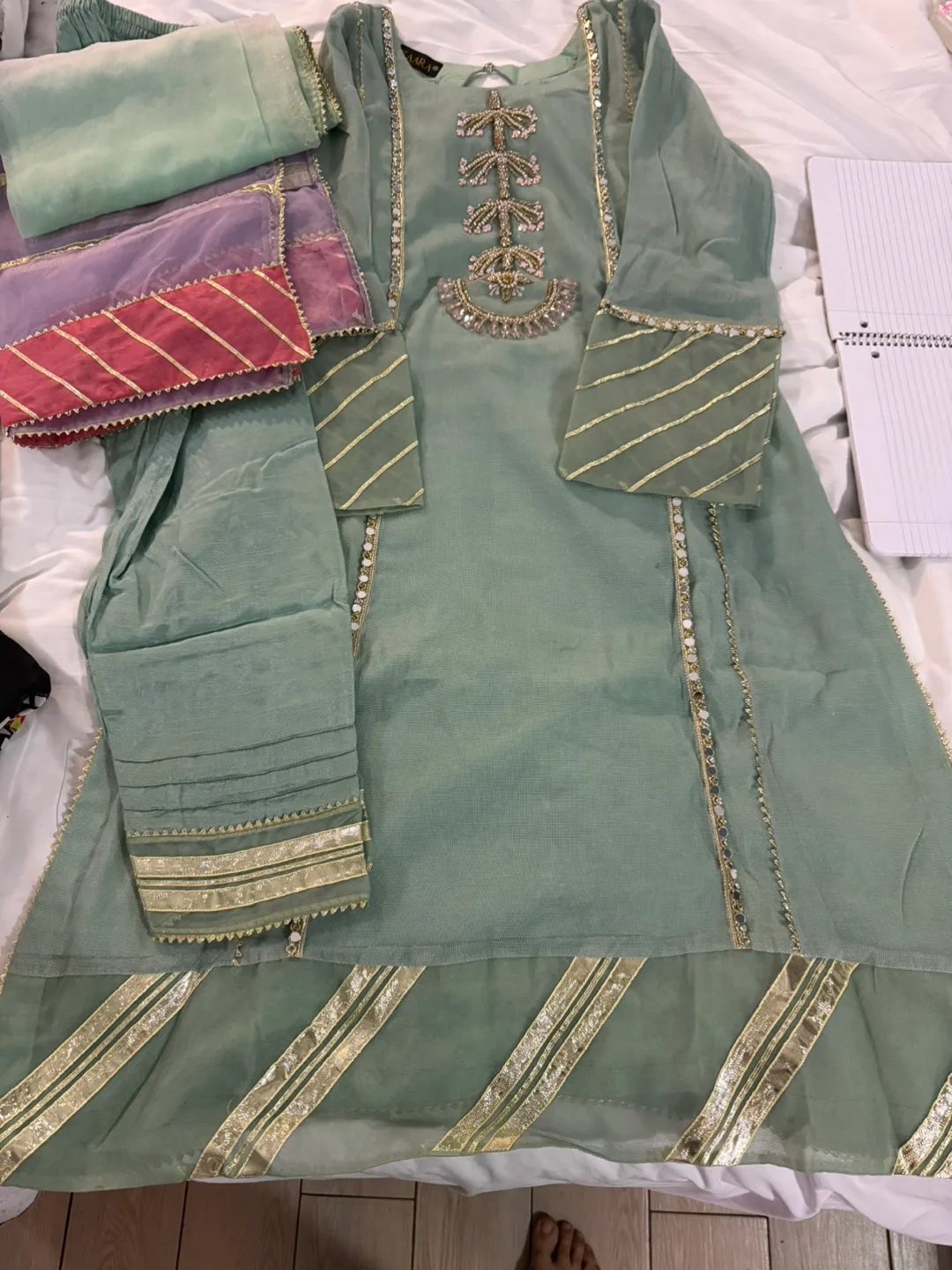 Beautiful Sage Green Embroidered 3-Piece Suit thumbnail