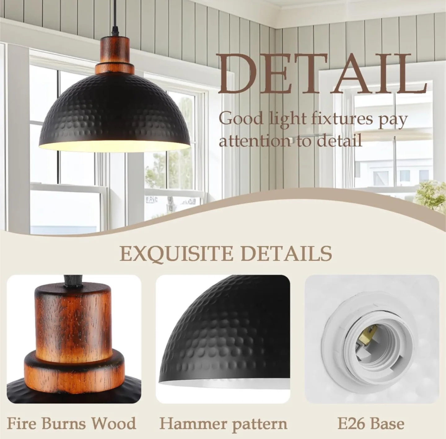 3-Pack Hammered Black Pendant Lights with Wood Accents image indicator(2)