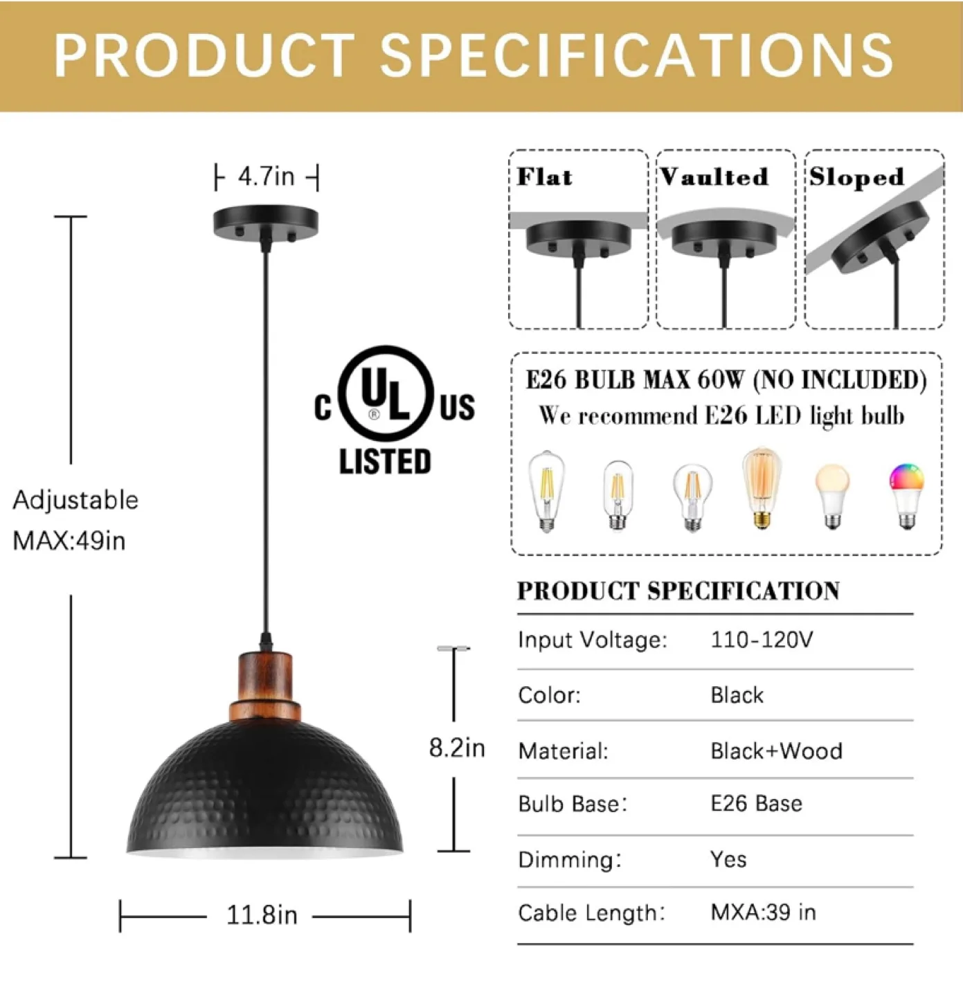 3-Pack Hammered Black Pendant Lights with Wood Accents image indicator(3)