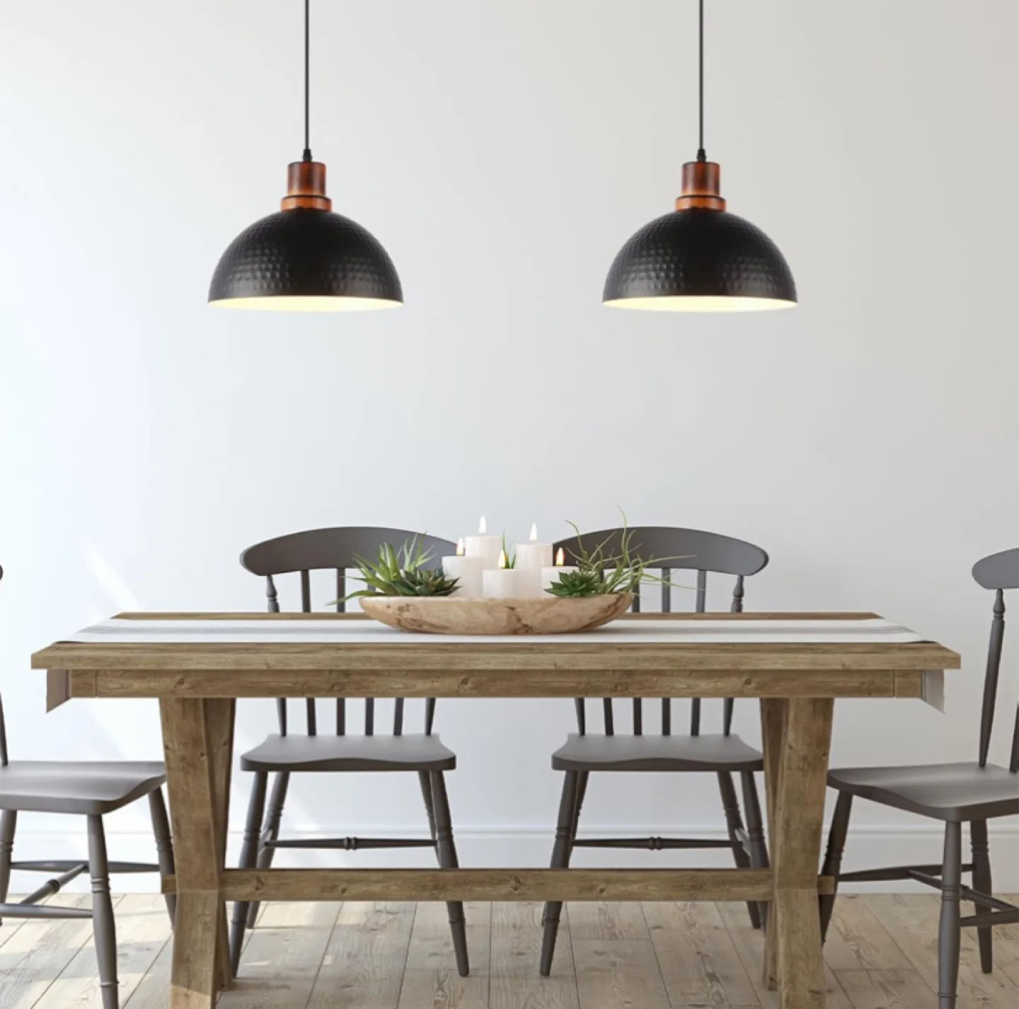 3-Pack Hammered Black Pendant Lights with Wood Accents image indicator(5)