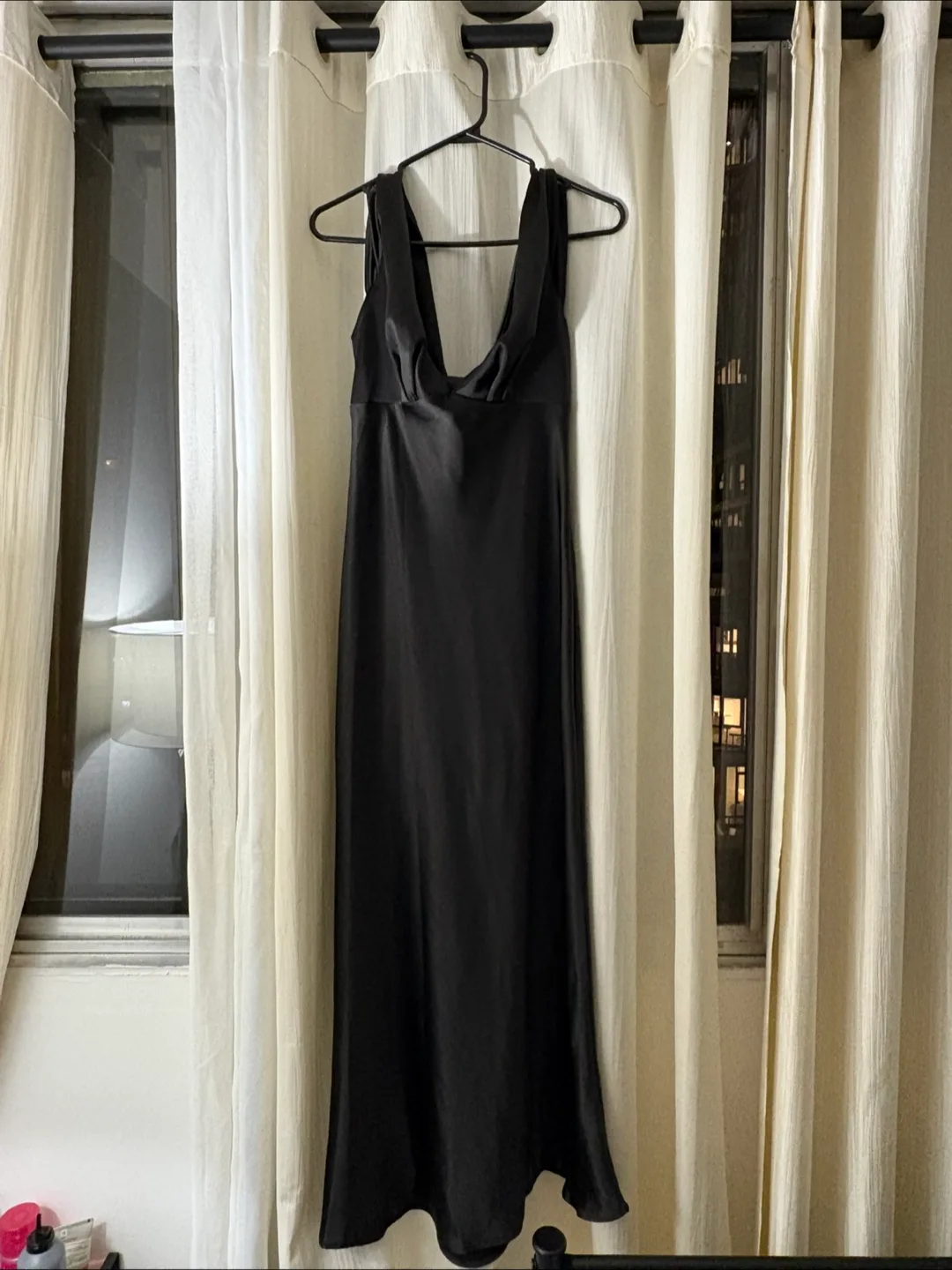 Black Satin Midi Dress with Keyhole Back thumbnail