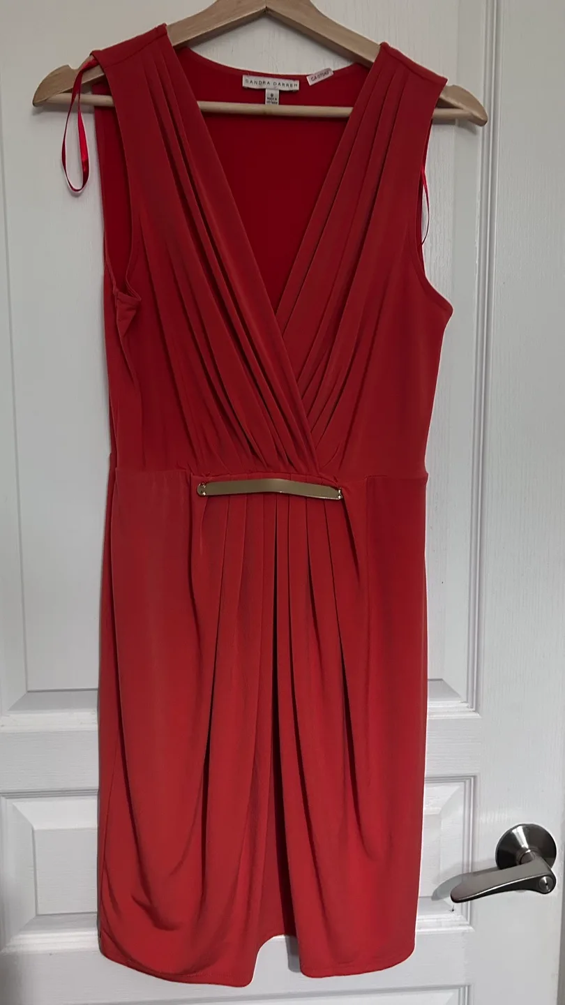 Coral coloured sleeveless wrap dress thumbnail