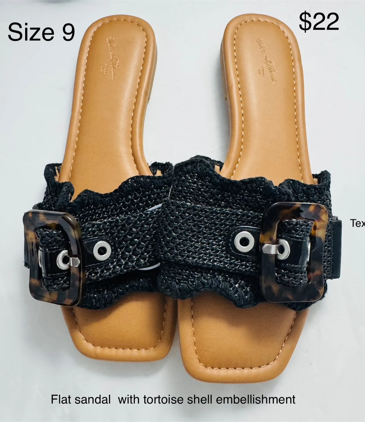 Women's Size 9 Black Flat Sandals with Tortoise Shell Buckle thumbnail