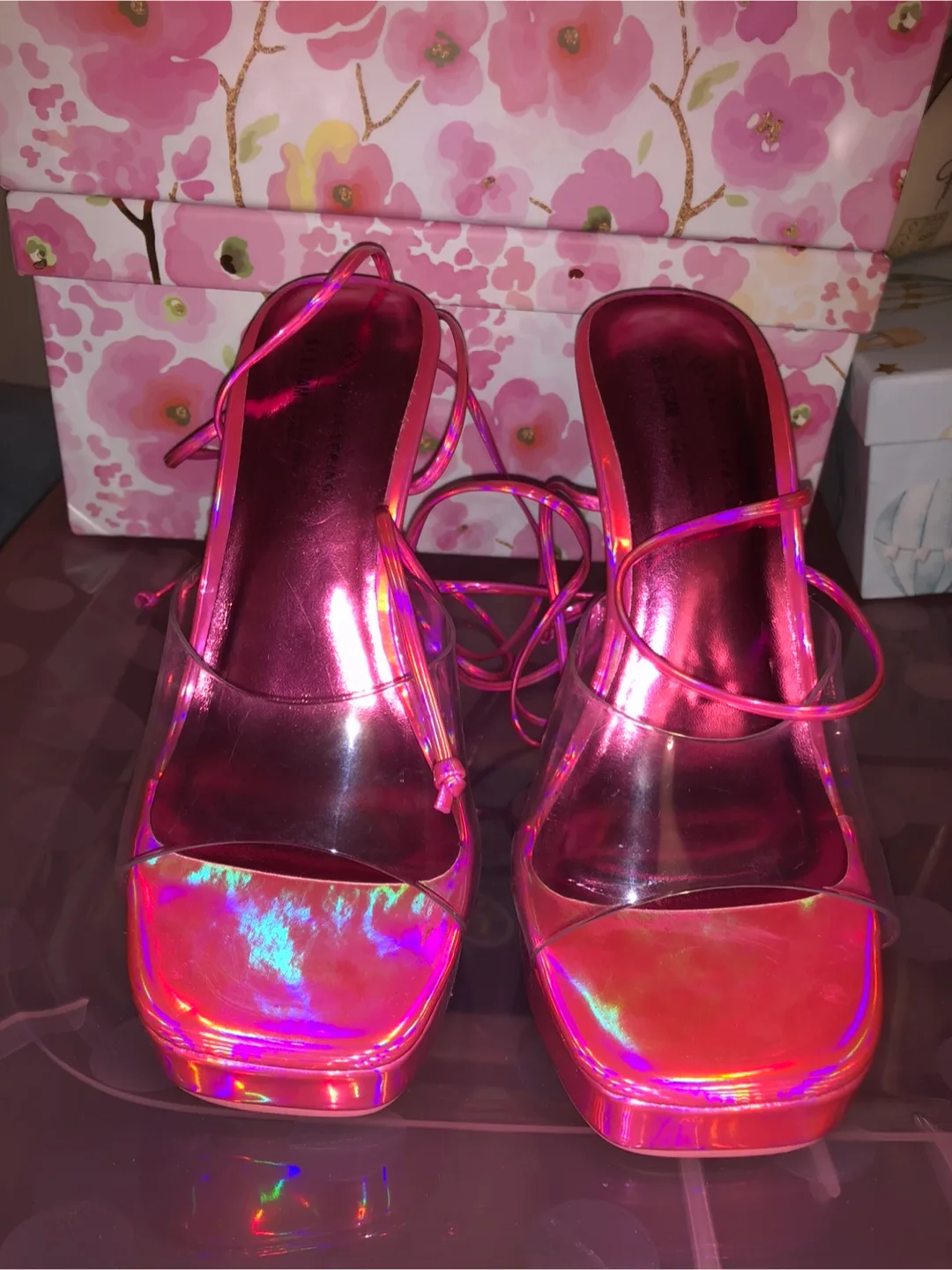 Pink iridescent clear strap platform heels thumbnail