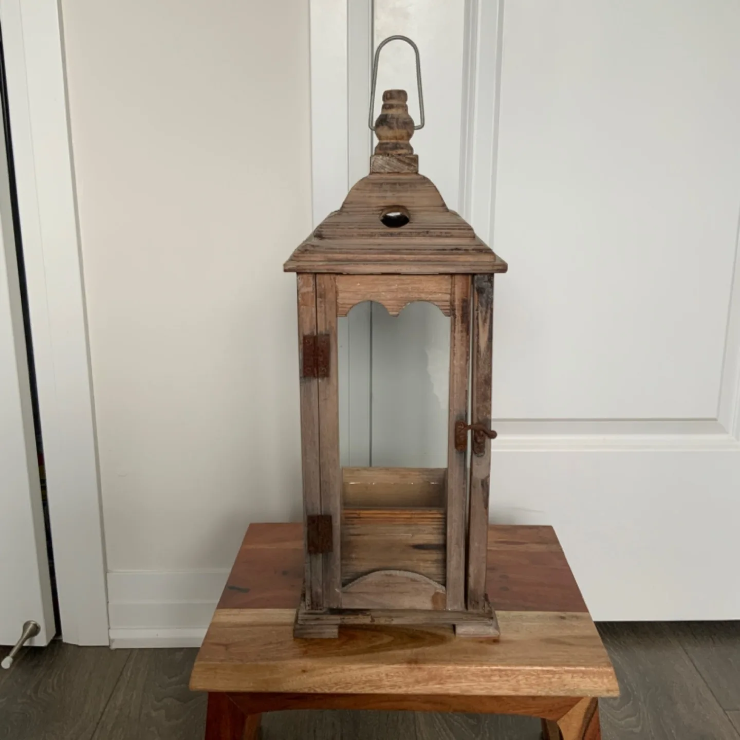 Rustic Wooden Lantern with Glass Panels thumbnail