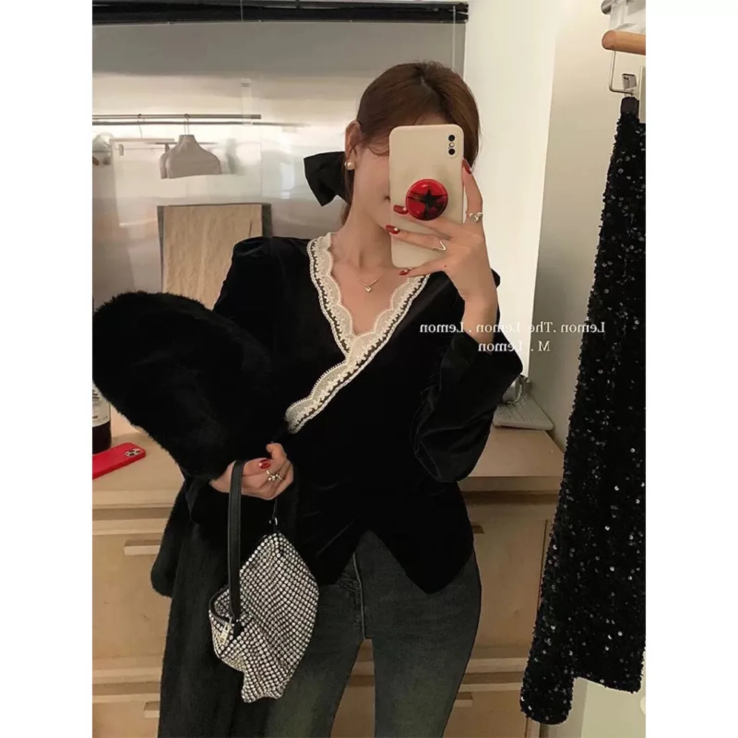 Black Velvet Blouse with Lace Detail thumbnail