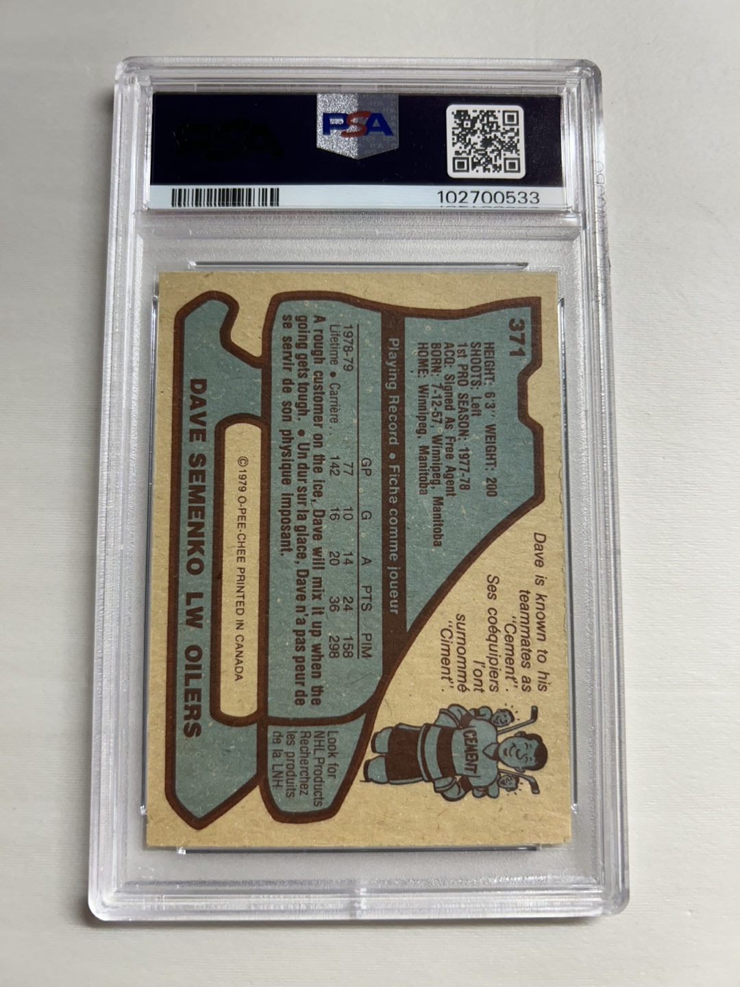 1979 O-Pee-Chee Dave Semenko #371 PSA 6 EX-MT - photo 2