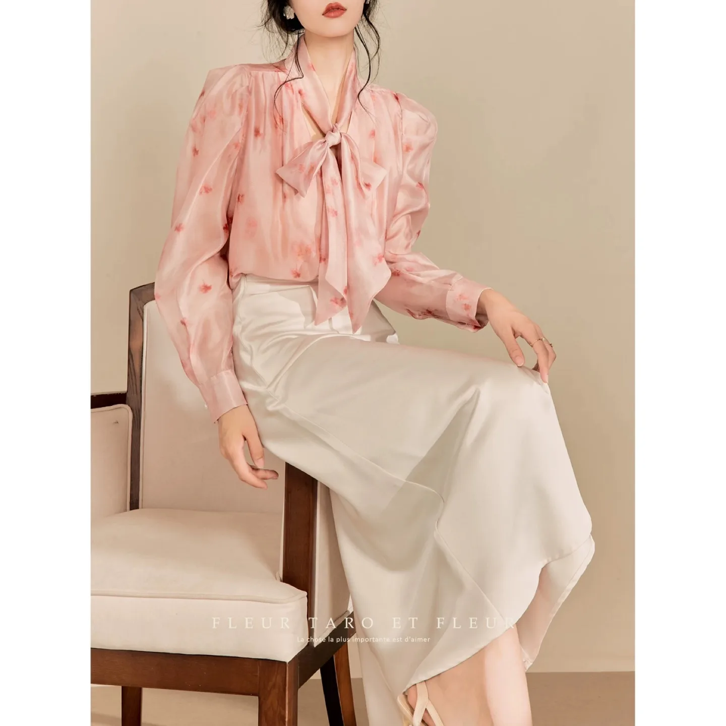 Blush Pink Floral Blouse with Bow Tie thumbnail